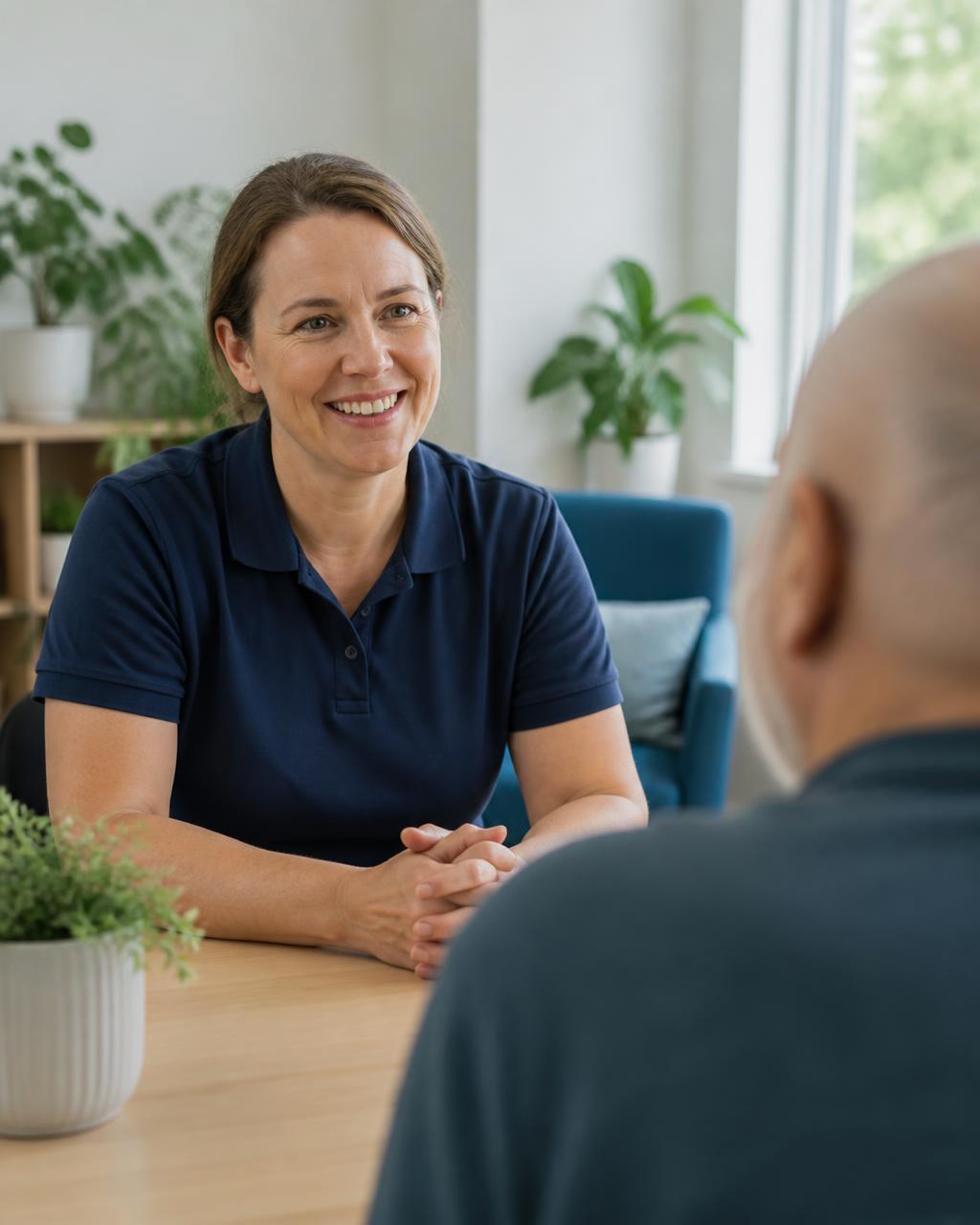 A placement support worker talking with a client in a calm, bright room
